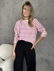 Wolfeel Summer Striped Long Sleeve Casual Cotton Tee - M (Rose Red)