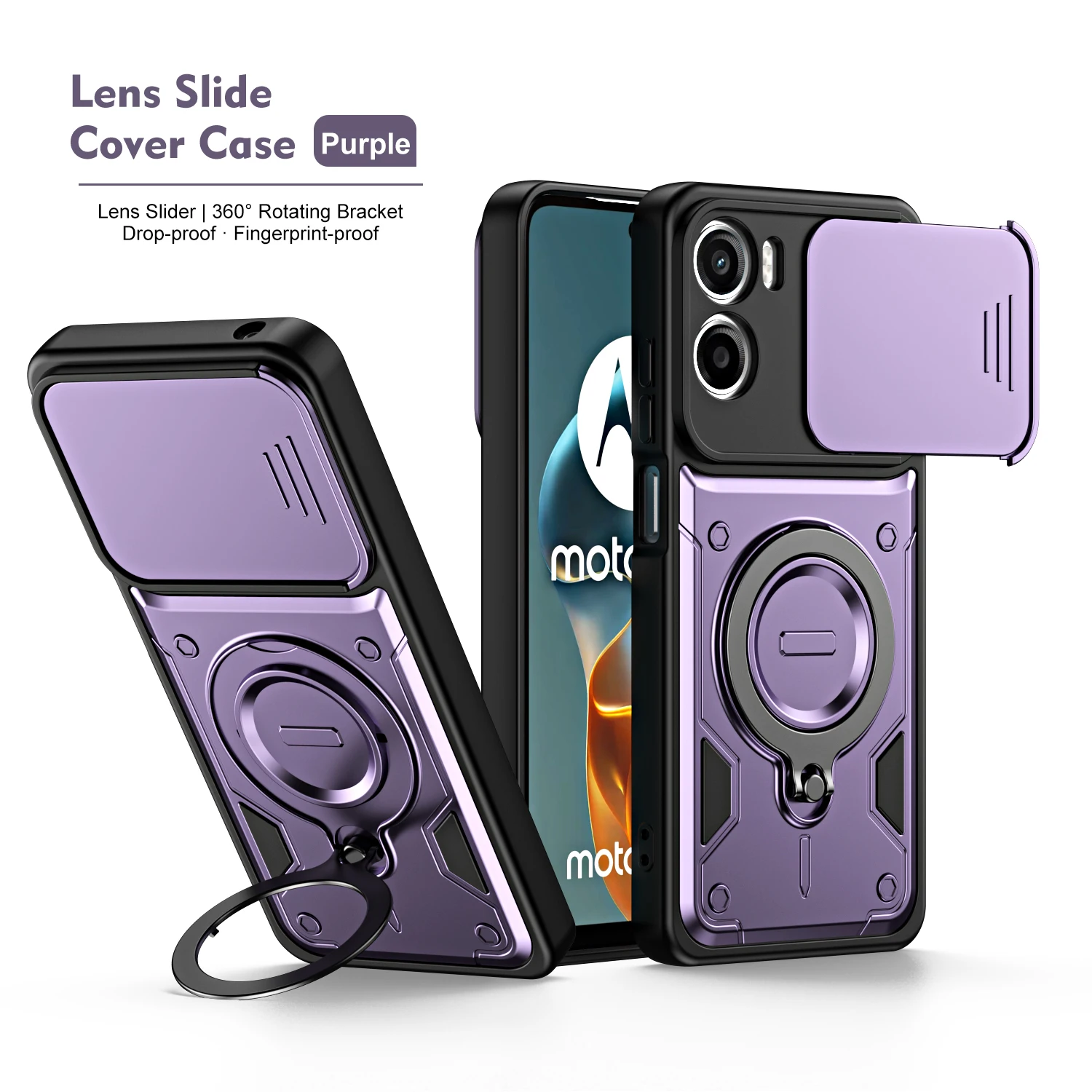 Rugged Armor Shockproof Phone Case with Slide Camera Lens Protection and Ring Stand