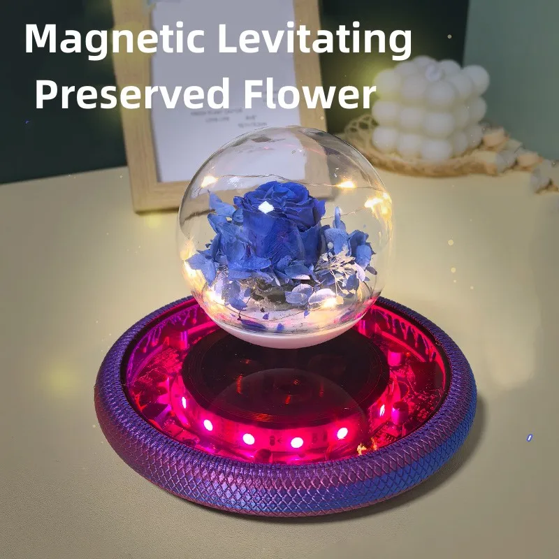Flower 360 Rotation Magnetic Levitating Preserved Flower with Purple Base, 360° Free ...