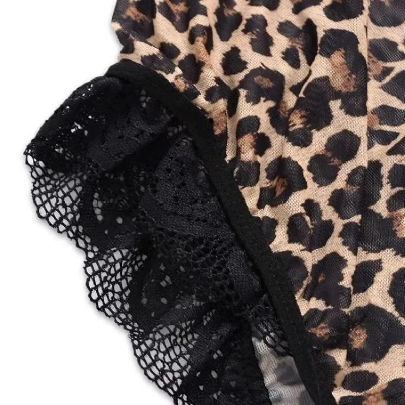 5XL Plus Size Sexy Leopard Bodysuit Women Lingerie Sleeveless Bodycon Tops One-piece Pajamas See Through Erotic Playsuits Bikini