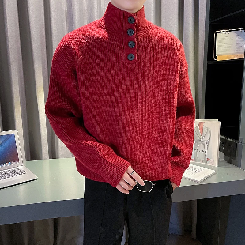 

Winter Men's Highneck Sweater Thick Turtleneck Male Casual Knitted Pullovers Vintage Jumper Black Red White Knitwear Clothing