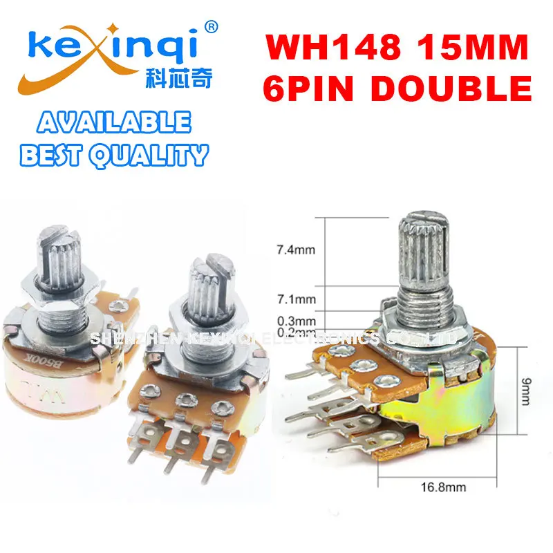 5pcs WH148 6PIN 15mm Double Linear Taper Rotary Potentiometer Resistor for Arduino 1K 2K B5K B10K B20K B50K B100K B250K B500K 1M 50 pcs precision adjustable potentiometer rk097n 097 vertical clubfoot single b1k b5k b10k b20k b50k b100k b250k b1m b500k