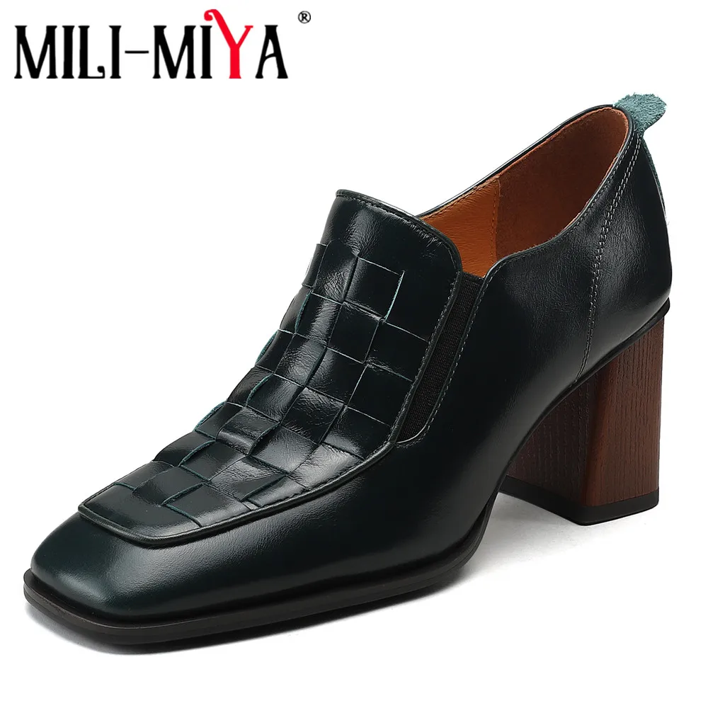 

MILI-MIYA New Arrival Weave Upper Women Full Genuine Leather Pumps Round Toe Classic Thick Heels Slip On Solid Color Dress Party