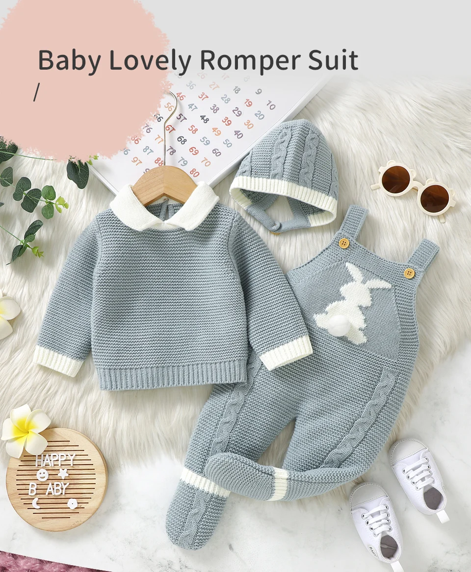 Baby-Kleidungssets, Winter, warm, gestrickt, 3-teilig, für Kleinkinder, Mädchen, Pullover, Pullover + Strampler + Mützen, Outfits, Sets, Herbst, Kleinkind-Jungenanzüge, 0–9 Monate – Detail 1