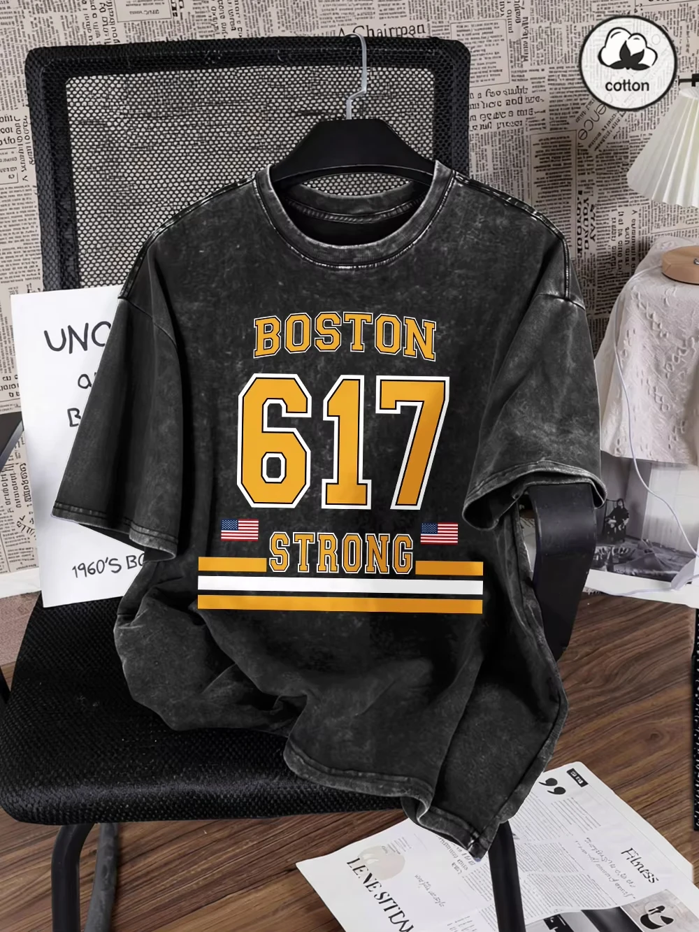 Boston Strong Number 617 Bedruckte, gewaschene T-Shirts für Herren, übergroße T-Shirts aus Baumwolle, lässige O-Ausschnitt-Oberteile, Sommer-Basic-Kleidung für Männer