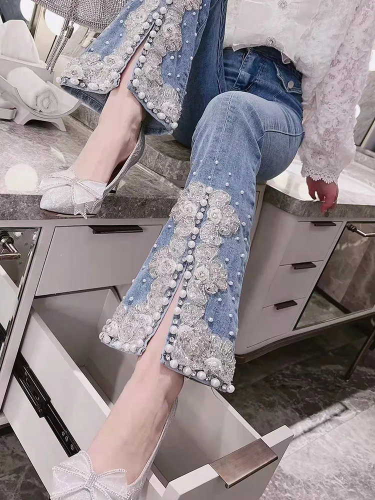 

2022 spring fashion diamnd beading split jeans women high waist skinny flare jeans Lady Casual