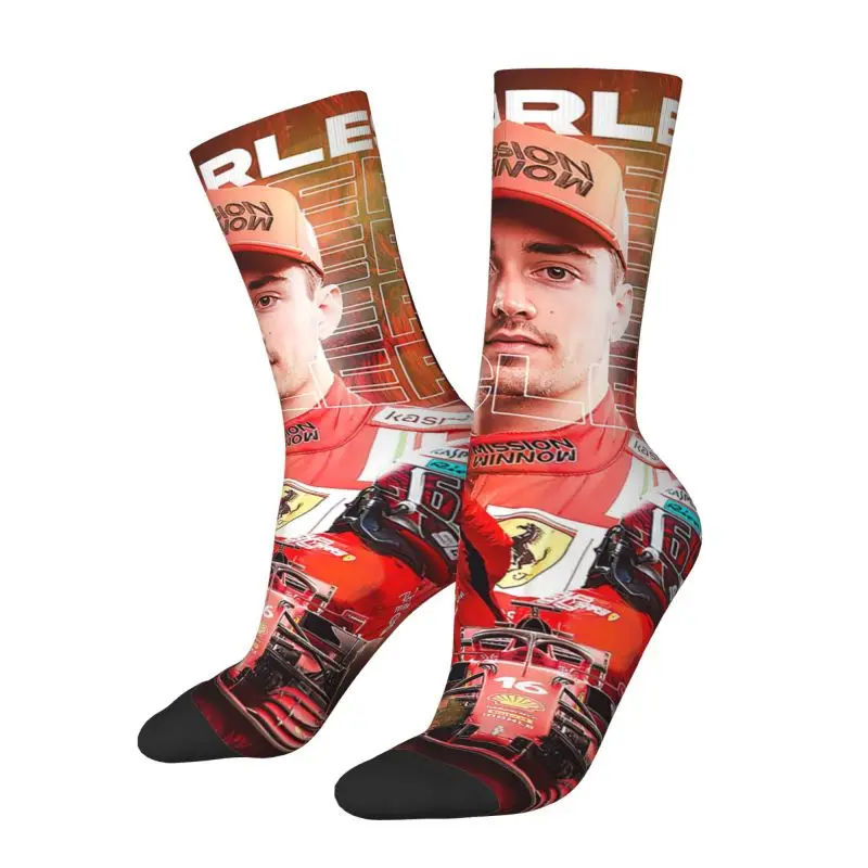 Fun Men\'s Racing Driver Leclerc Charles Dress Socks Unisex Warm Breathbale 3D Printing Formula One Crew Socks