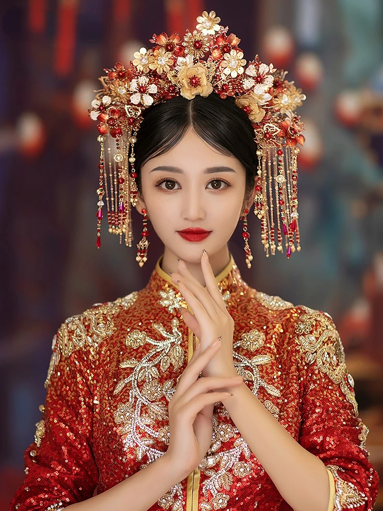 Luxury Chinese Phoenix Bridal Crowns Red Crystal Empress Princess