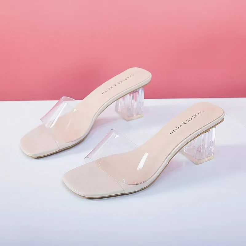 

Comemore Crystal Clear Transparent Heel Slippers Female Shoes Middle Heels Comfortable New Summer Women Fashion Mules Slides 42