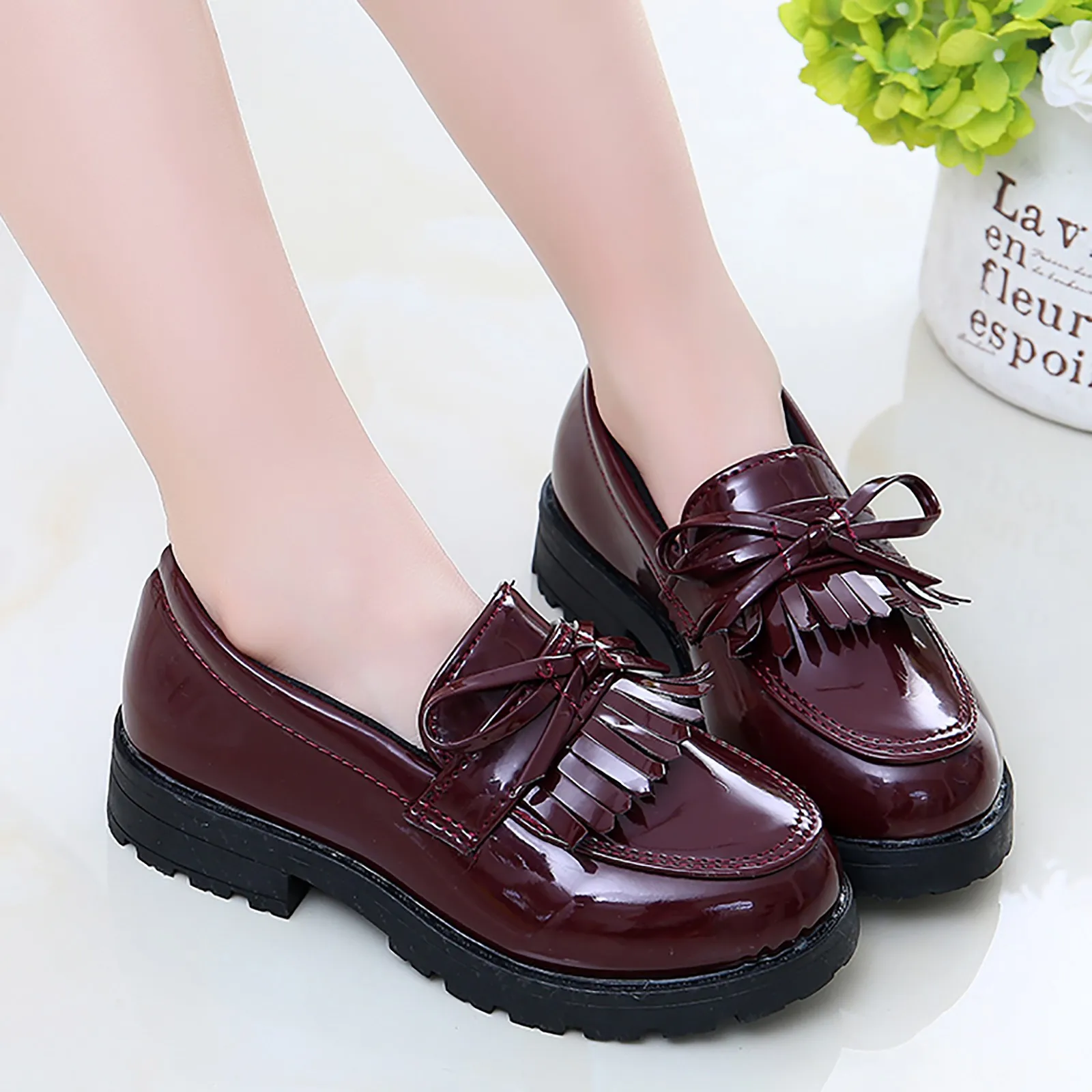 Girls Lightweight Leather Loafer Dress Shoes with Bow
