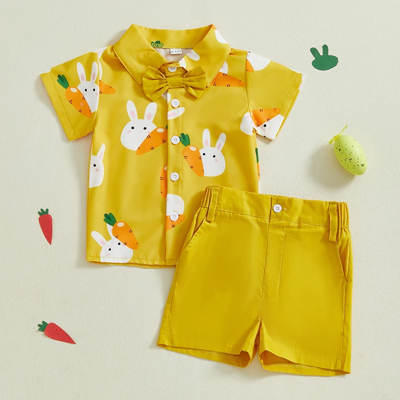 Tregren infant baby boy Easter outfit short sleeve lapel bunny carrot print tops + shorts 2pcs sets toddler gentlemen clothes kids clothing set kids t shirt boys clothing set