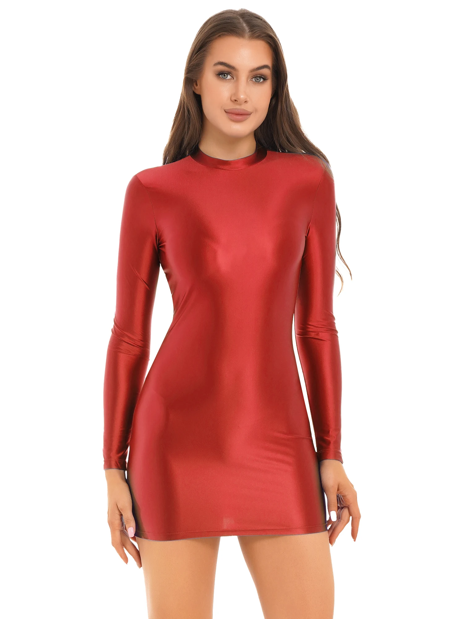 

#M-XL Womens Oil Bodycon Dress Glossy Long Sleeve Mini Party Dress Nightwear Mock Neck Smooth Stretchy Tight Dresses Clubwear
