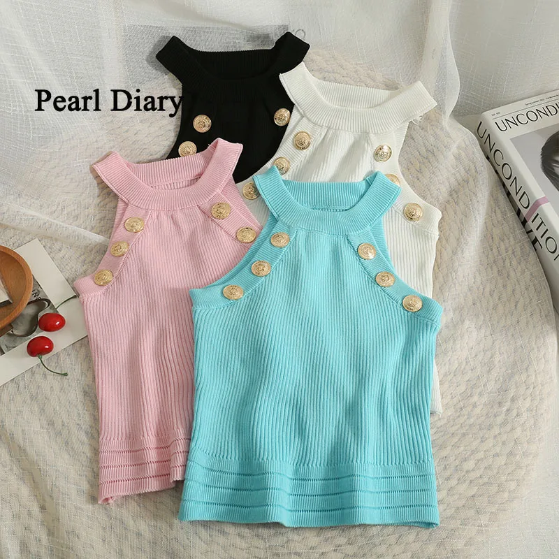 

Pearl Diary Summer Short Both Sides Single-Breasted Sense Of Design Corset Top Sexy Exposed Clavicle Knitting Tops Women