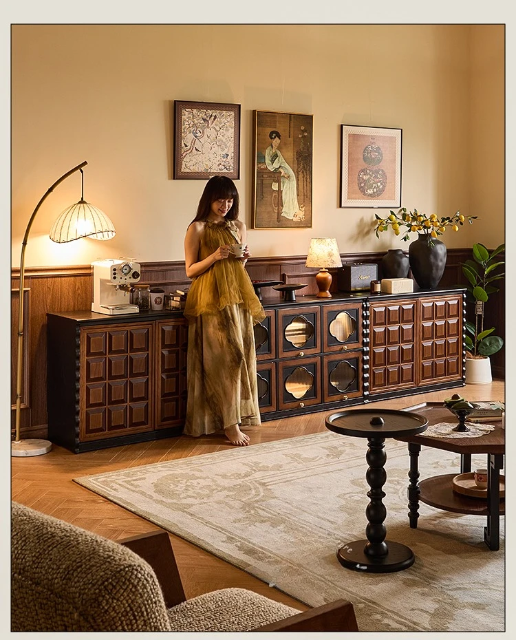 French Vintage Solid Wood TV Stand Cabinet Modular Storage Unit Mid Century Modern Floor Cabinet Furniture Living Room Home