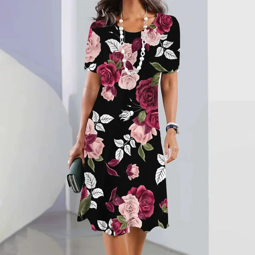 

Summer Short sleeved Women's Dress Retro Skirt 3D Flower Dress Loose Round Neck A-line Dress Women's Red Fashion Dress Set