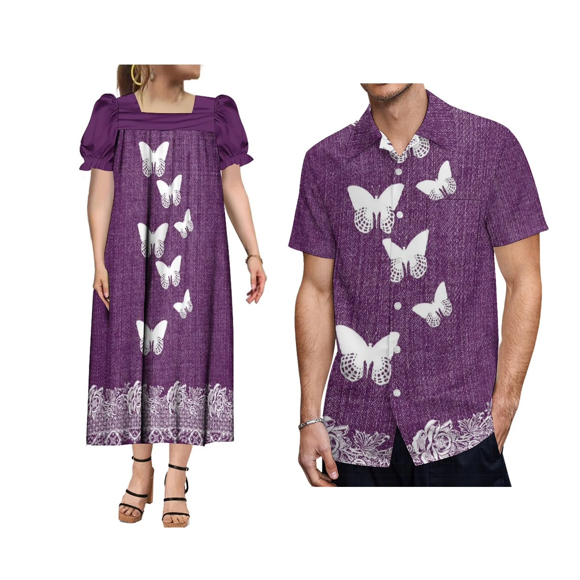 

Summer Custom Mumu Women'S Short Sleeve Dress Micronesian Dress With Men'S Button Down Shirt Polynesian Couple Suit