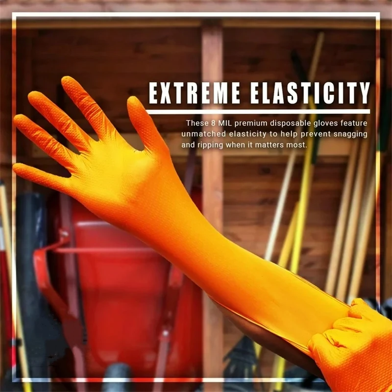 Work Gloves 8Mil Heavy Duty Orange Nitrile Disposable Gloves Diamond Texture Grip for Mechanic Industrial Cleaning