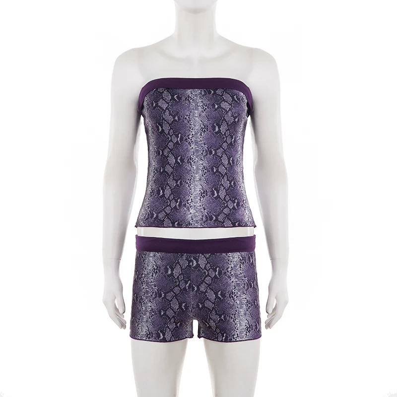 Women’s Sexy Purple Snakeskin Print Sets Tube Top and Bodycon Shorts Strapless Two Piece Matching Lounge Outfit Y2K Slim-Fitting 5