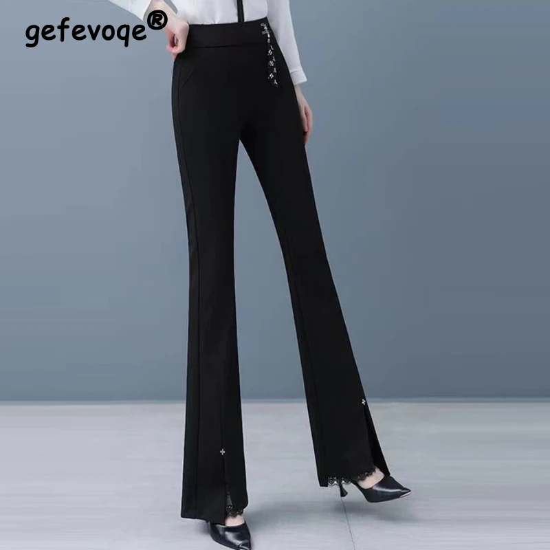 Women Clothing Korean Fashion Lace Patchwork Plush Elegant Flare Pants Office Lady Black Slim Trousers Autumn Winter Pantalones