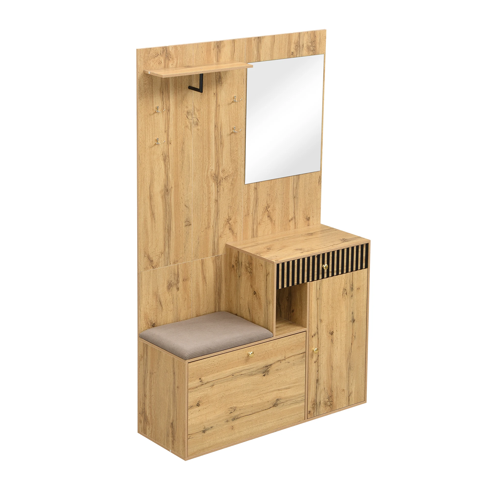 Kleiderschrank-Set, kompakter Kleiderschrank, Flurschrank mit Spiegel und gepolsterten Kissen, Flurschrank, Wandeinheit, Regal – Detail 18