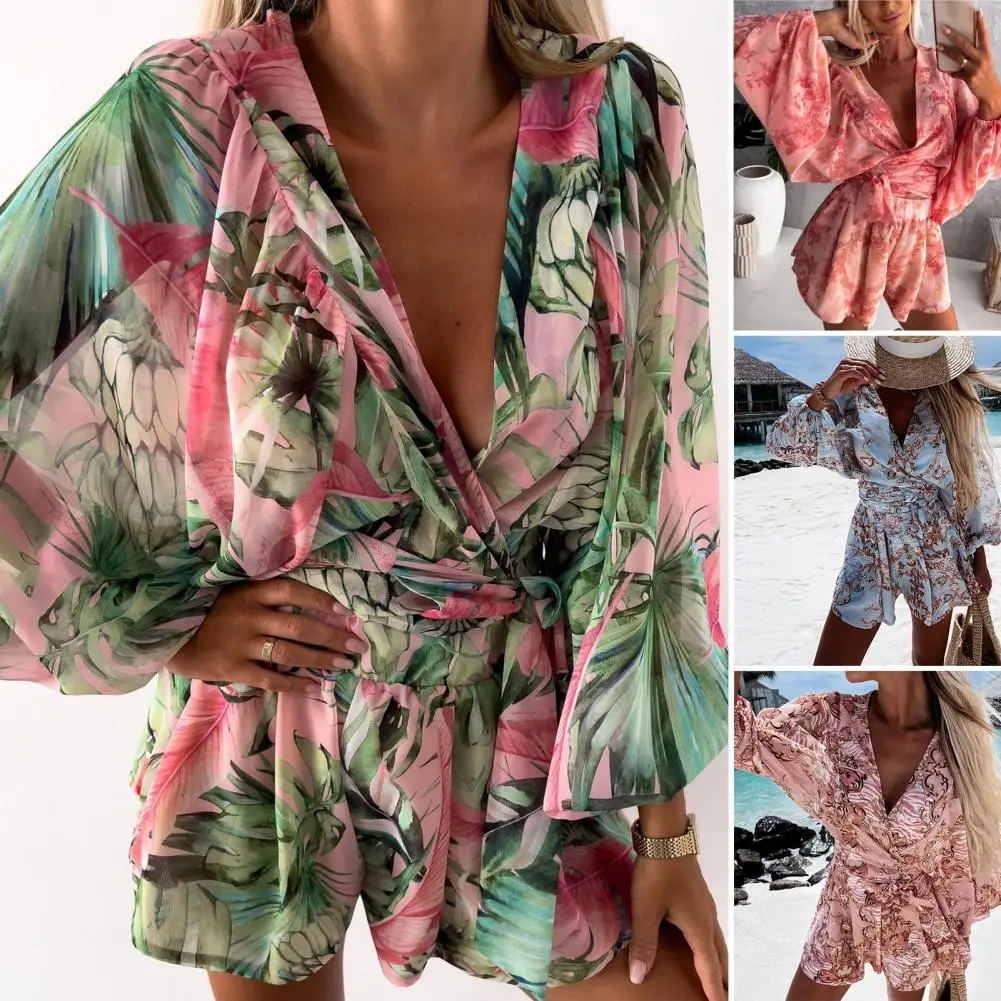 

Vacation Jumpsuit Comfortable Women Romper Deep V-Neck Tropical Leaves Pattern Long Sleeve Summer Jumpsuit High-Waist