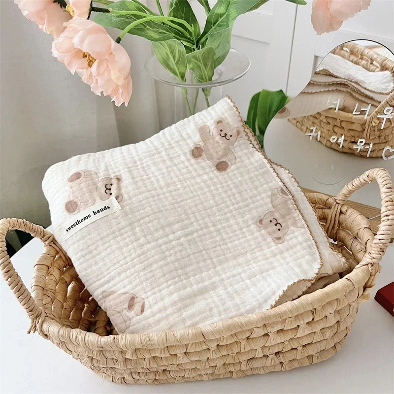 Cartoon Bear Print Baby Blanket Throw Cotton Gauze Muslin Swaddle Wrap