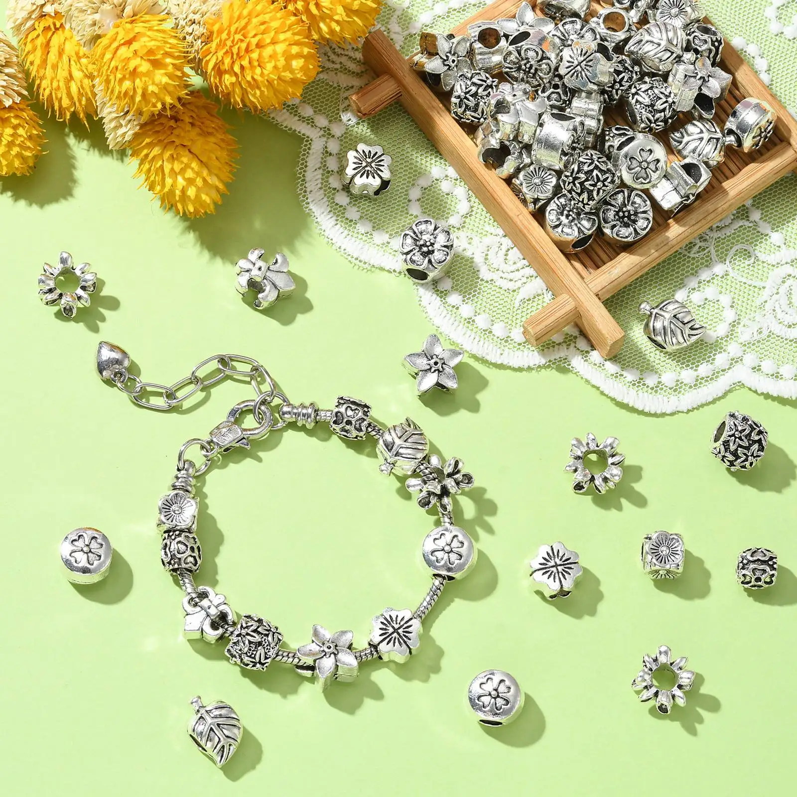 60Pcs 10 Styles Tibetan Style Flower European Beads Antique Silver Floral Spacer Beads for Bracelet Necklace Jewelry Making