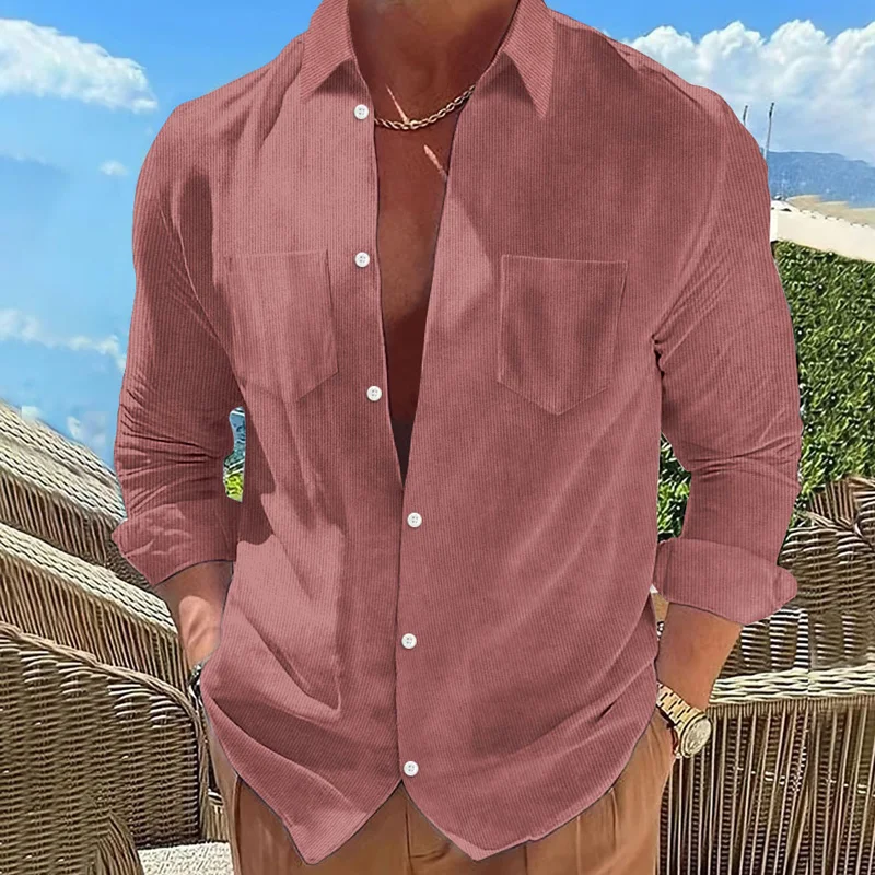 Spring Autumn New Solid Color Fashion POLO Collar Shirt Man High Street Casual Loose Button Corduroy Pockets All-match Cardigan