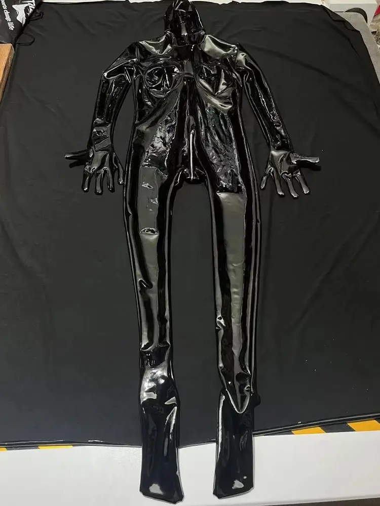 PVC Catsuit PU Leather Zipper Open Crotch Bodysuit Tights Coat Zentai Finger Bodystocking Leotard