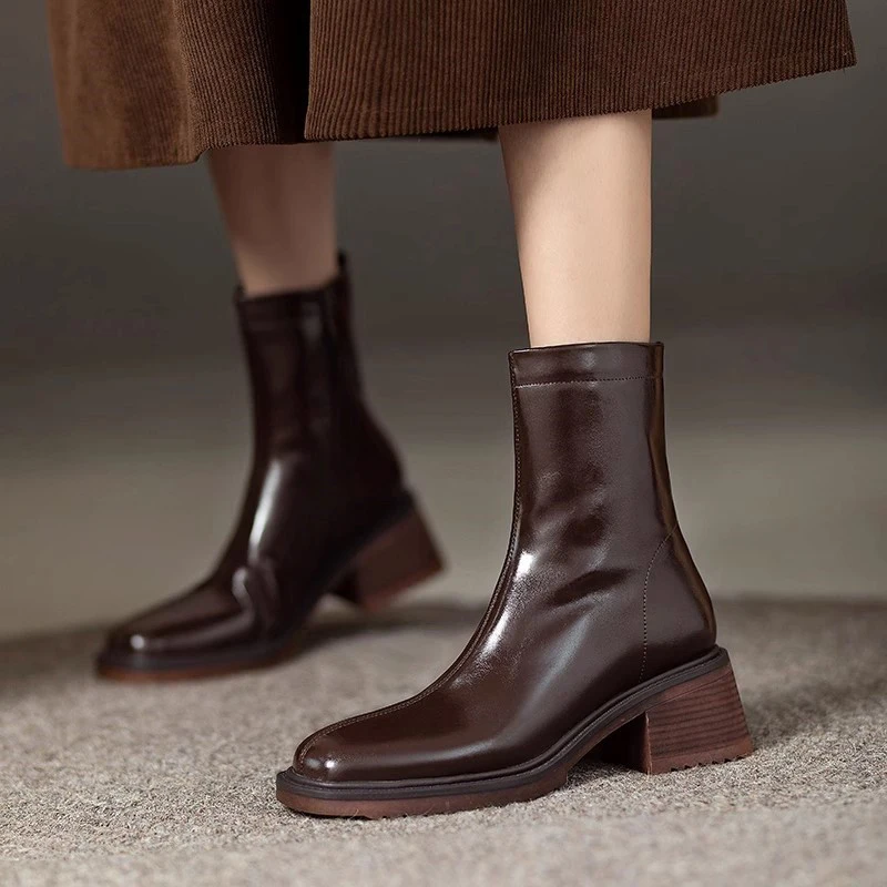 Women Mid Heels Ankle Chelsea Glass Boots Square Toe Elegant Concise Warm Winter 2024 New Designer Fashion Female comfort