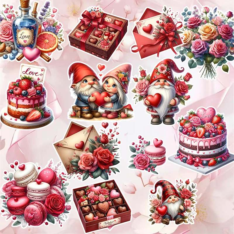 Valentine's Day Stickers Set of 20 Love Heart Gnome Rose Cake Pattern Red Romantic Valentine Stickers