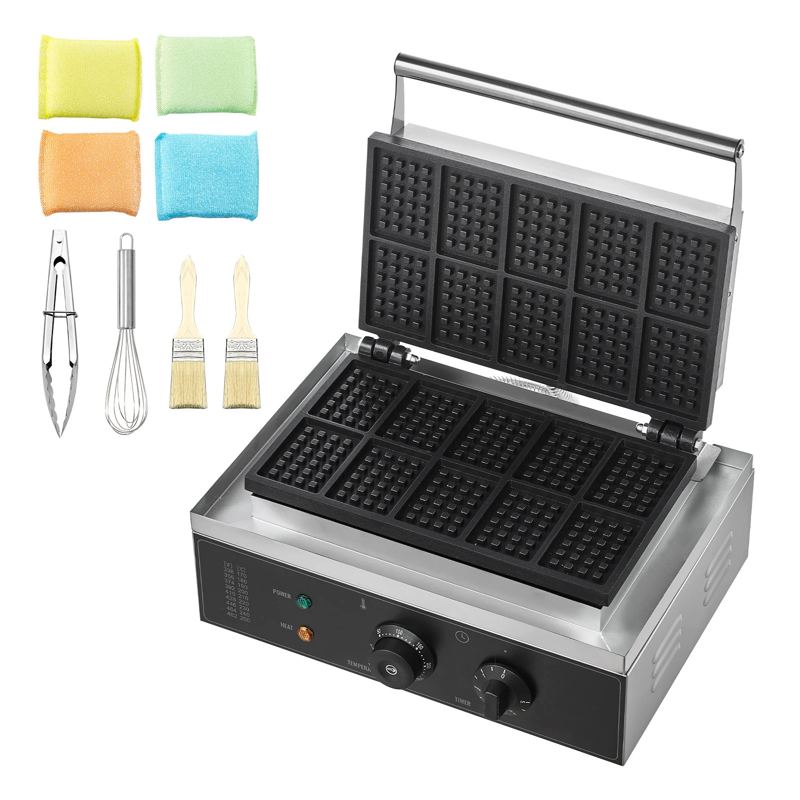 SucceBuy Commercial Waffle Maker10PCS Rectangle Waffle Baker Machine1550W Non-Stick Stainless Steel Belgian Waffle Iron Temp
