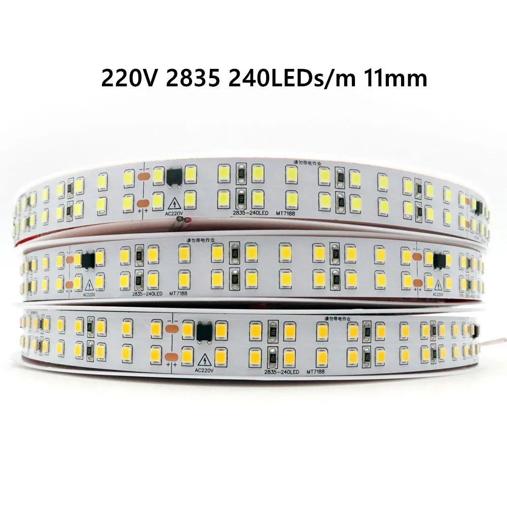 2835 120/240 LED 스트립 조명, AC 220 V  230V, 5M 램프, 220 V, 220 볼트 다이오드 테이프, 유연한 소프트 램프, 바 홈
