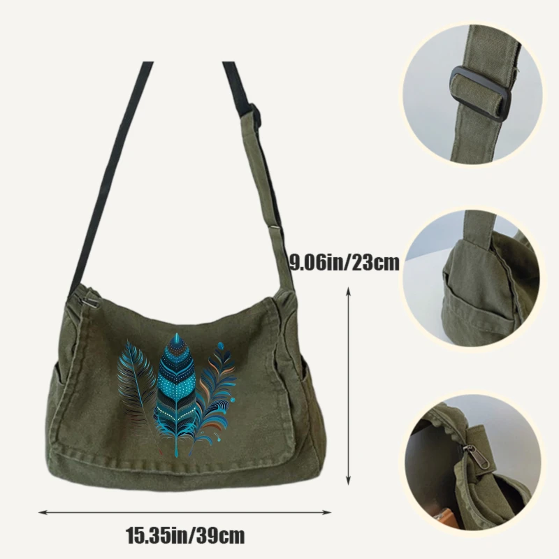 Vintage Women's Shoulder Bag Crossbody Bag Feather Print Canvas Large Capacity for Travel Messenger Bag