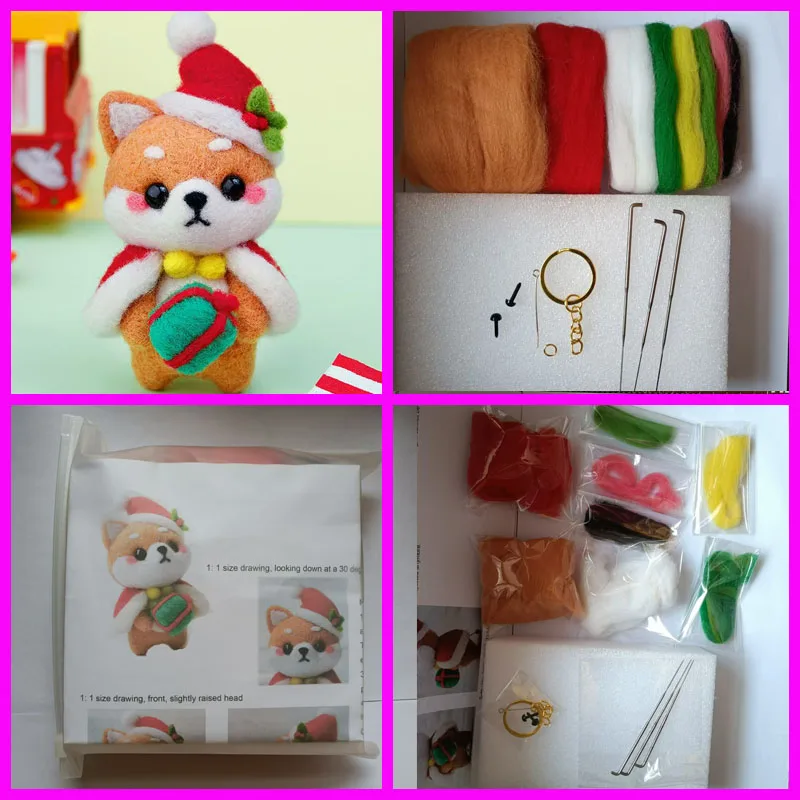 Christmas Shiba Inu needle felted wool kit,merino wool to felting,wool fiber for felting,felt for needle felting set