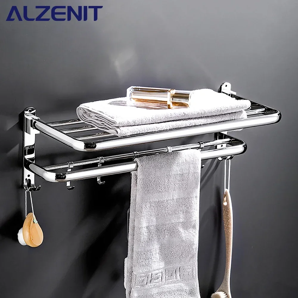 304 Stainless Steel Towel Rack Thicken Holder Moable Hook Wall Mount Shelf Bar Mirror Chrome Shower Hanger Bathroom Accessories