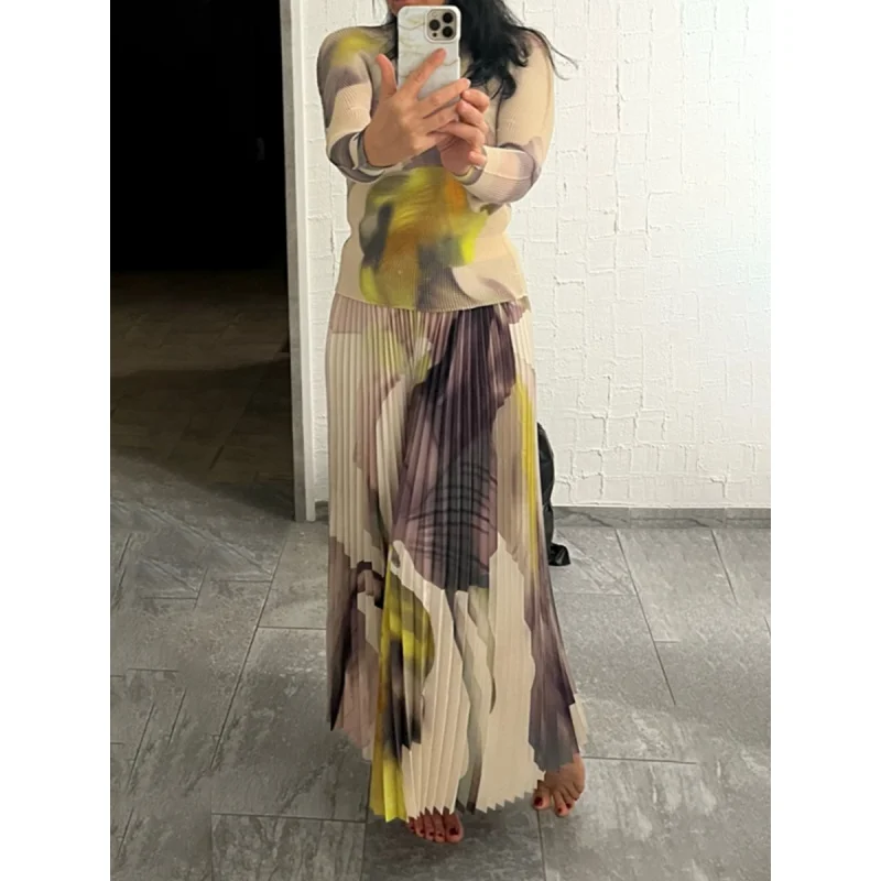 2023 Miyake Pleated New Women Suit Slim Western Print Stand Collar Long Sleeve Top Loose Slim Skirt Casual Party Two Piece Set