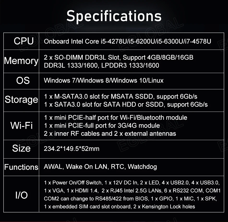 Eglobal Industrial Fanless Mini PC with I5 6300U, I7 10510U, Windows 7/8/10, VPN Router, VGA, HDMI, 4G, WiFi, BT Description Image.