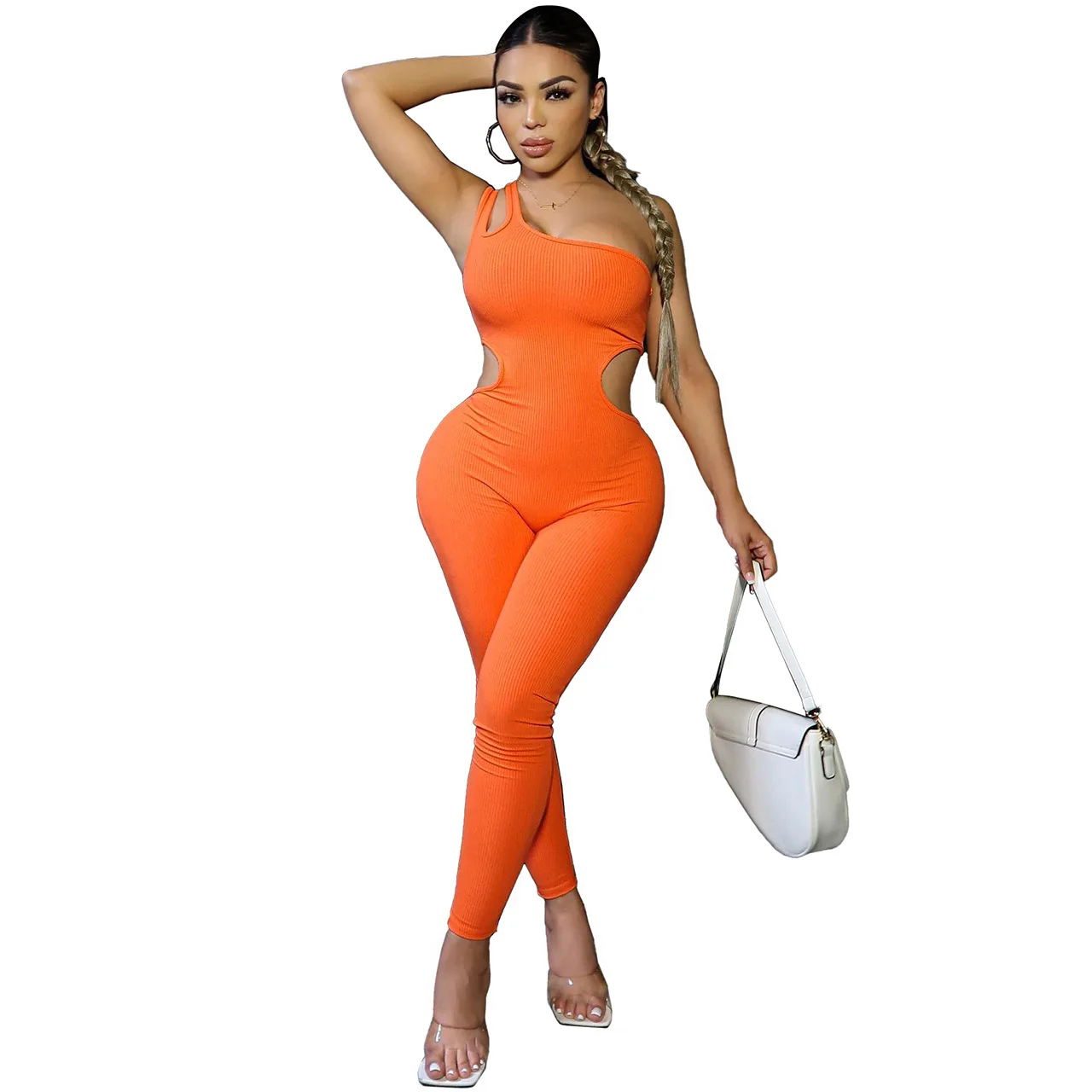 Casaul Women Jumpsuit One Shoulder Cut Out Streetwear Playsuit Solid Color Long Romper Women Jumpsuit Overalls