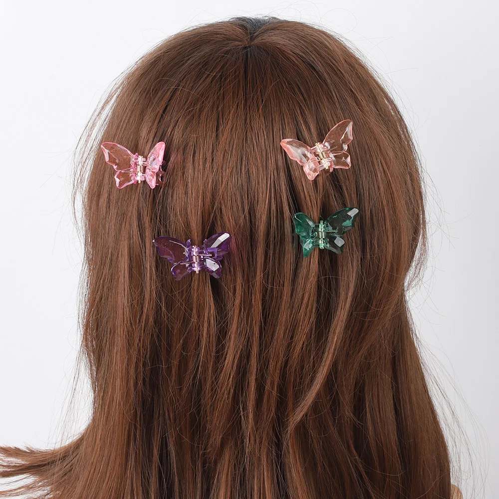 2PCS Crystal Butterfly Small Hair Claw Clips Women Girls Cute Transparent Candy Hair Clamps Crab Barrettes Hair Accessories 2pcs acetate tortoiseshell small hair claw clips women girls mini sweet crab hair clamps barrettes hair accessories set fashion