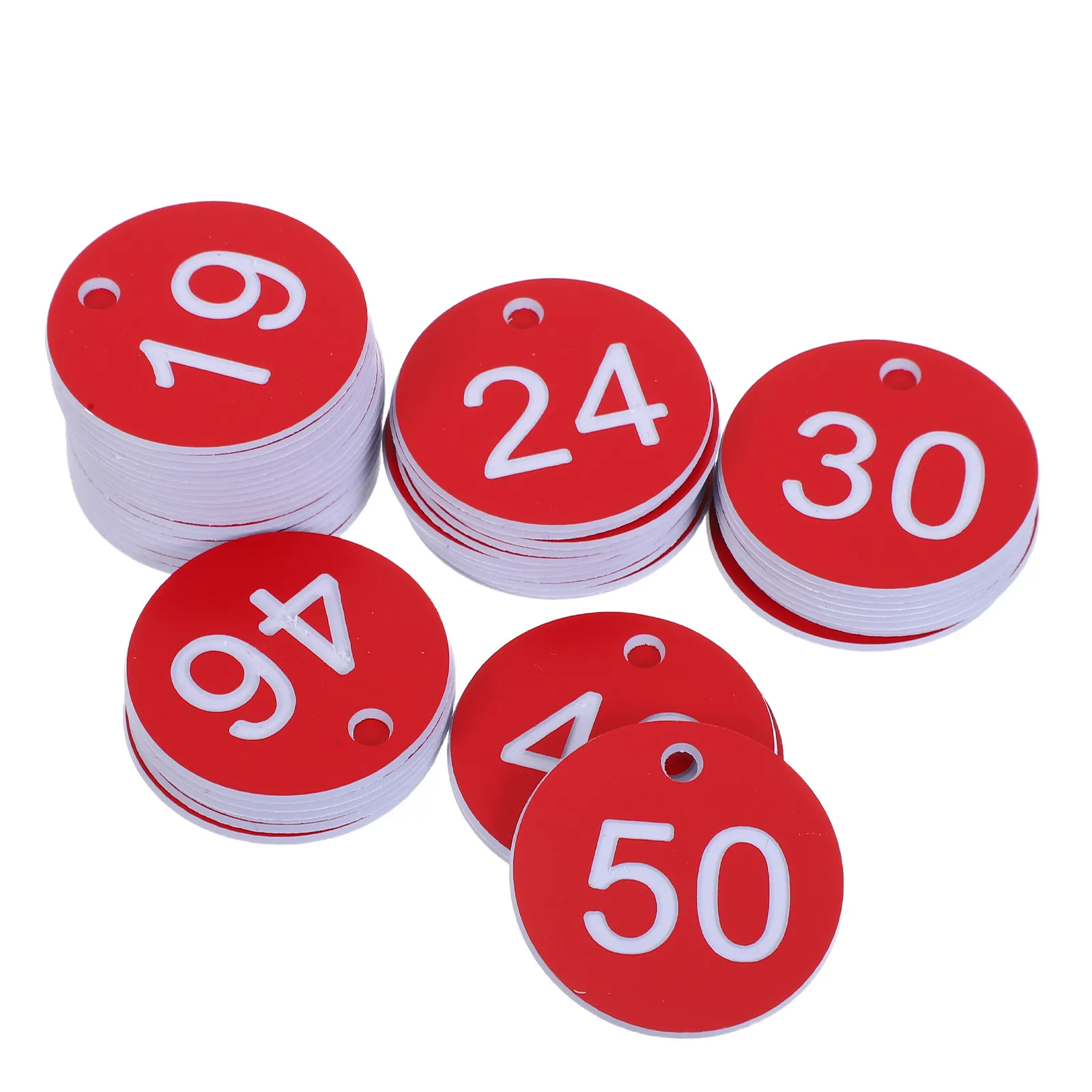 50Pcs 라운드 레드 플라스틱 숫자 태그 1-50(미리 펀칭된 구멍이 있는 흰색 숫자 새겨진) 호텔 스파 체육관용 재사용 가능한 키 라벨