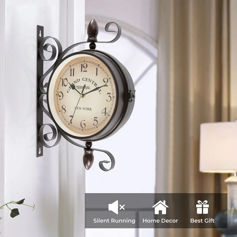 Antique-Look Wall Hanging Double Sided Clock Retro Station Clock Round Chandelier Scroll Wall Mount Home Decor Wall Clock 8 inch 4