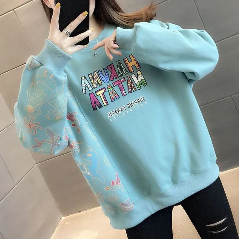 Loose Korean Printed Spliced Sweatshirts for Female Autumn Winter Thick Casual All-match Long Sleeve Pullovers Women's Clothing