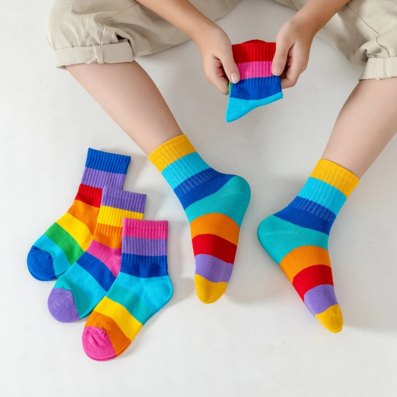 5 Pairs/Lot Children's Rainbow Socks Spring Autumn Coft Cotton Cute 7 Color Rainbow Stripes Boys Girls Sports Tube Socks to 1-12 - Image 6