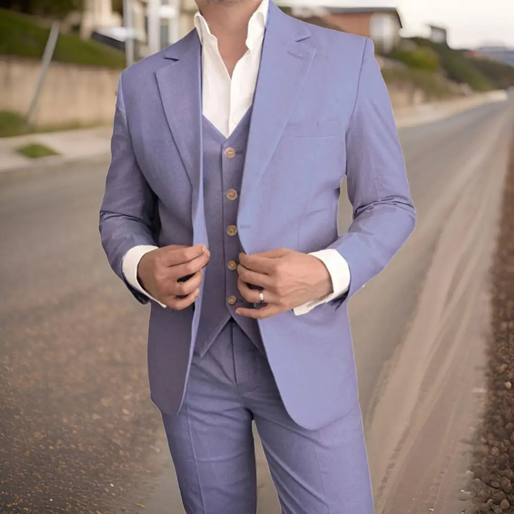 Men's Linen Casual Style 3 Piece Suits Wedding Groom Tuxedo