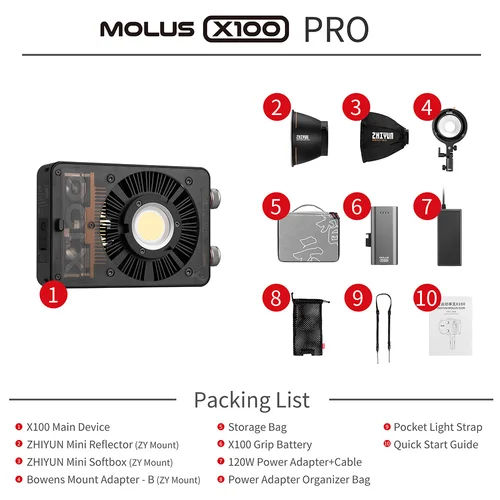 ZHIYUN MOLUS X100 100W G60 60 60W COB LED 비디오 조명, 유튜브 비디오 촬영용 조명 필 라이트 8