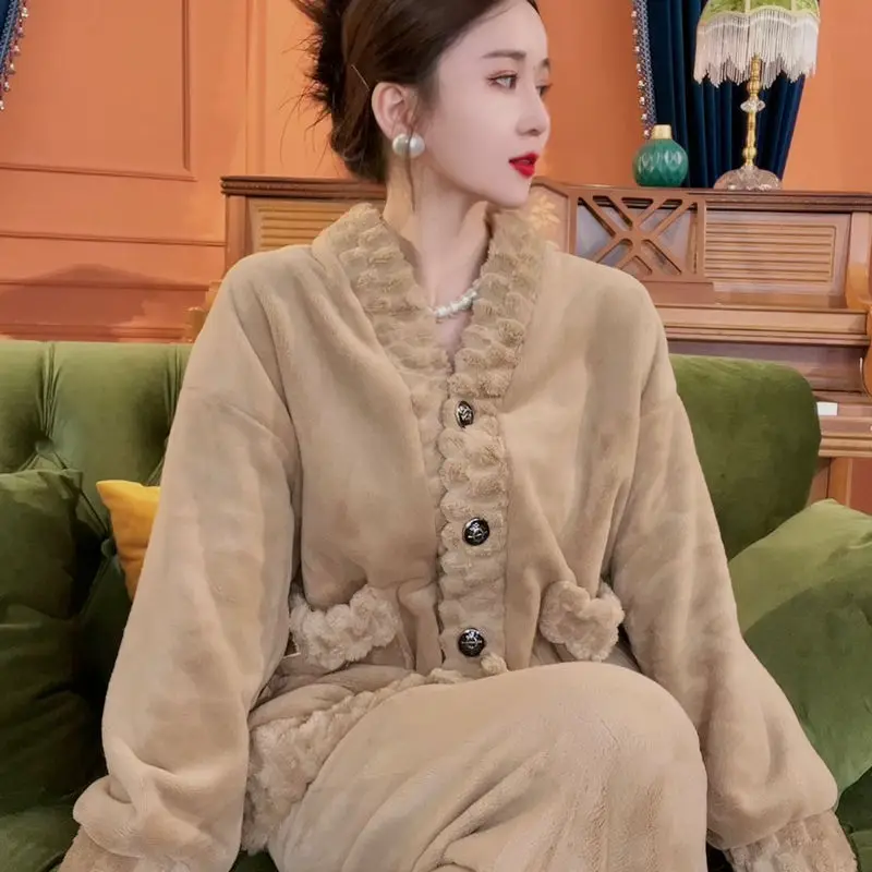 

Women's Autumn Winter New Fashionable Elegant Solid Color V-neck Long Sleeved Cardigan Pajamas Casual Stylish Comfortable Suit