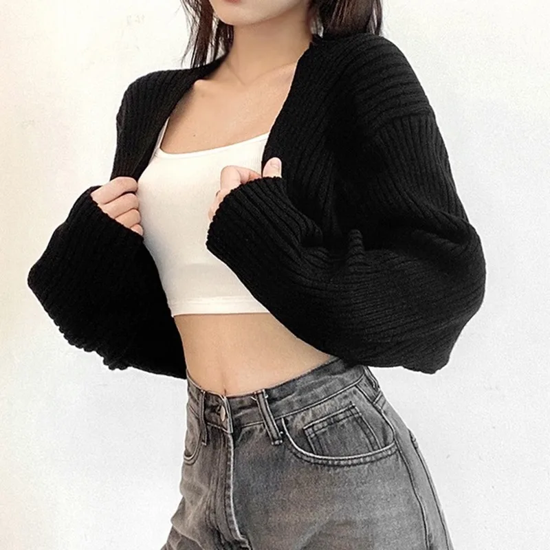 Women Short Cardigans Autumn Ultra-short Sweater Coat Long Sleeve Loose Knitted Crop Top Solid Color Sexy Cardigan Sweaters Top 1