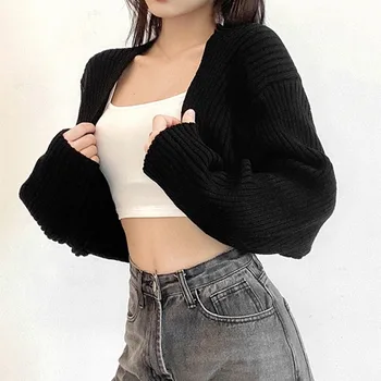 Women Short Cardigans Autumn Ultra-short Sweater Coat Long Sleeve Loose Knitted Crop Top Solid Color Sexy Cardigan Sweaters Top 1