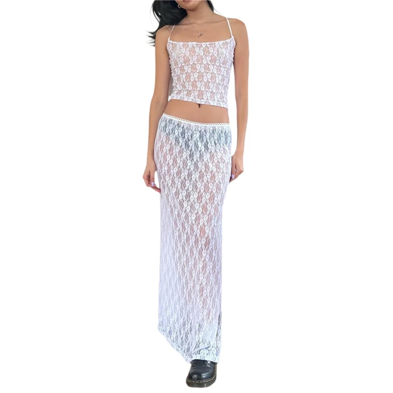 

y2k Floral Lace Set Summer Women White Spaghetti Strap Sleeveless Camisole and Long Bodycon Skirt Two Piece Cothes Streetwear